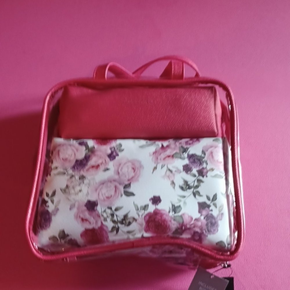 TAHARI, red/floweral travel bag, liquid tube, clear bag that holds them all.
